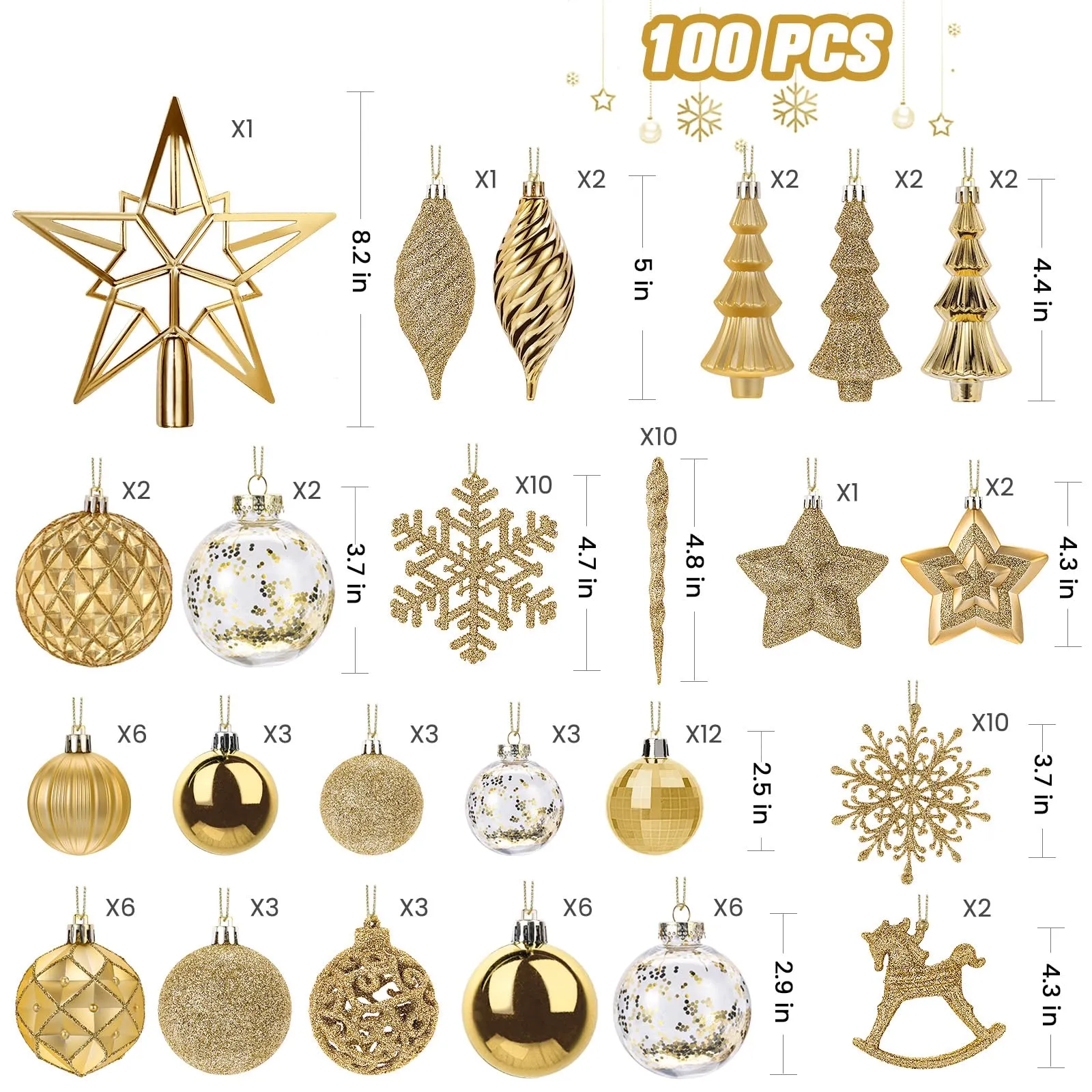 100pcs Gold Christmas Tree Decorations Ornaments Set