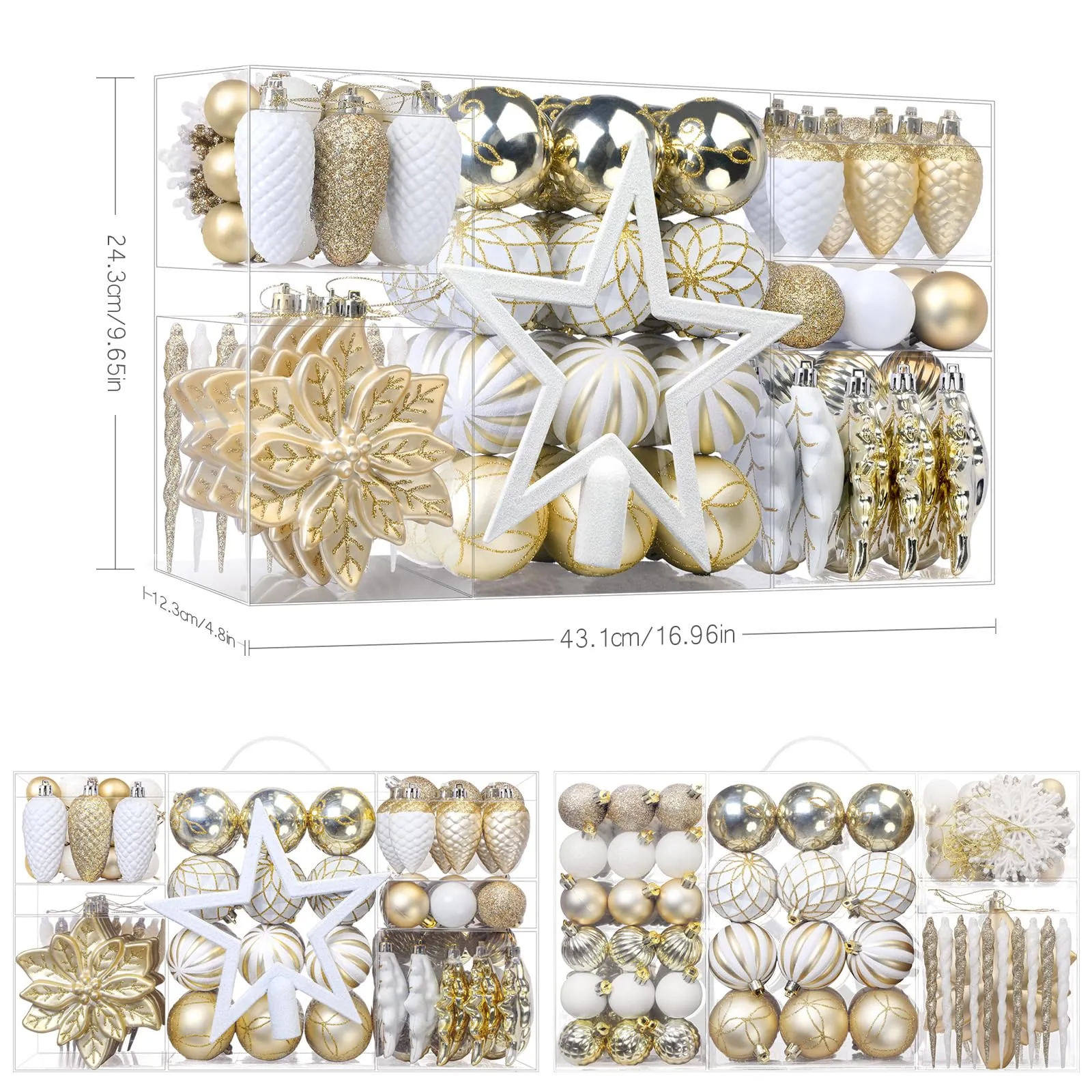 106PCS Gold &White Christmas Balls Ornaments Set with Hanging Hooks