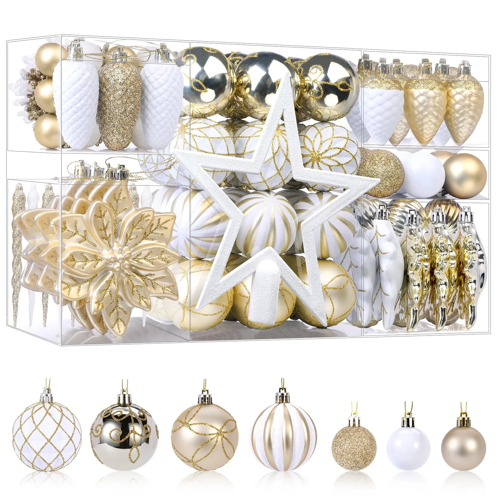 106PCS Gold &White Christmas Balls Ornaments Set with Hanging Hooks