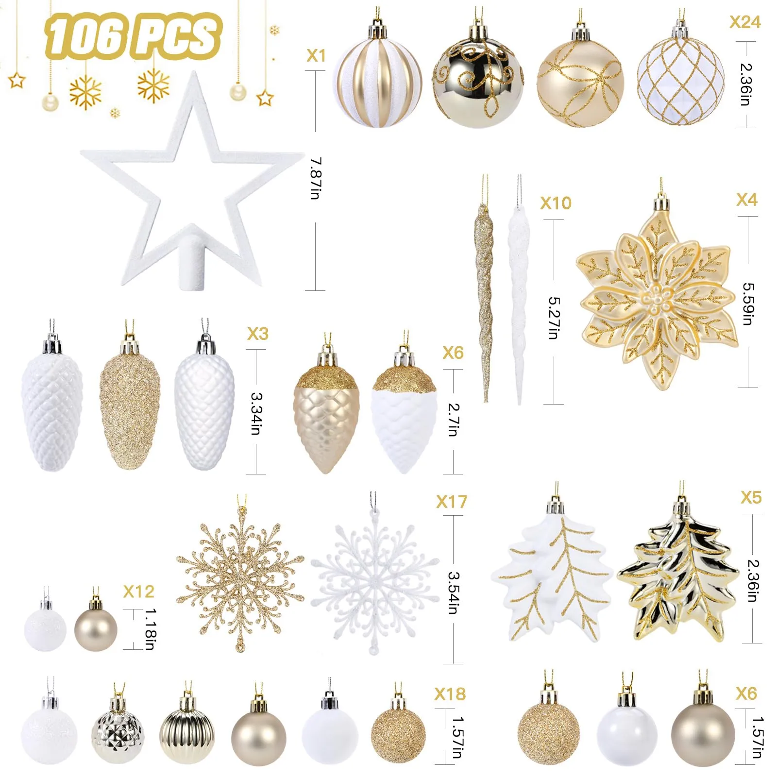 106PCS Gold &White Christmas Balls Ornaments Set with Hanging Hooks