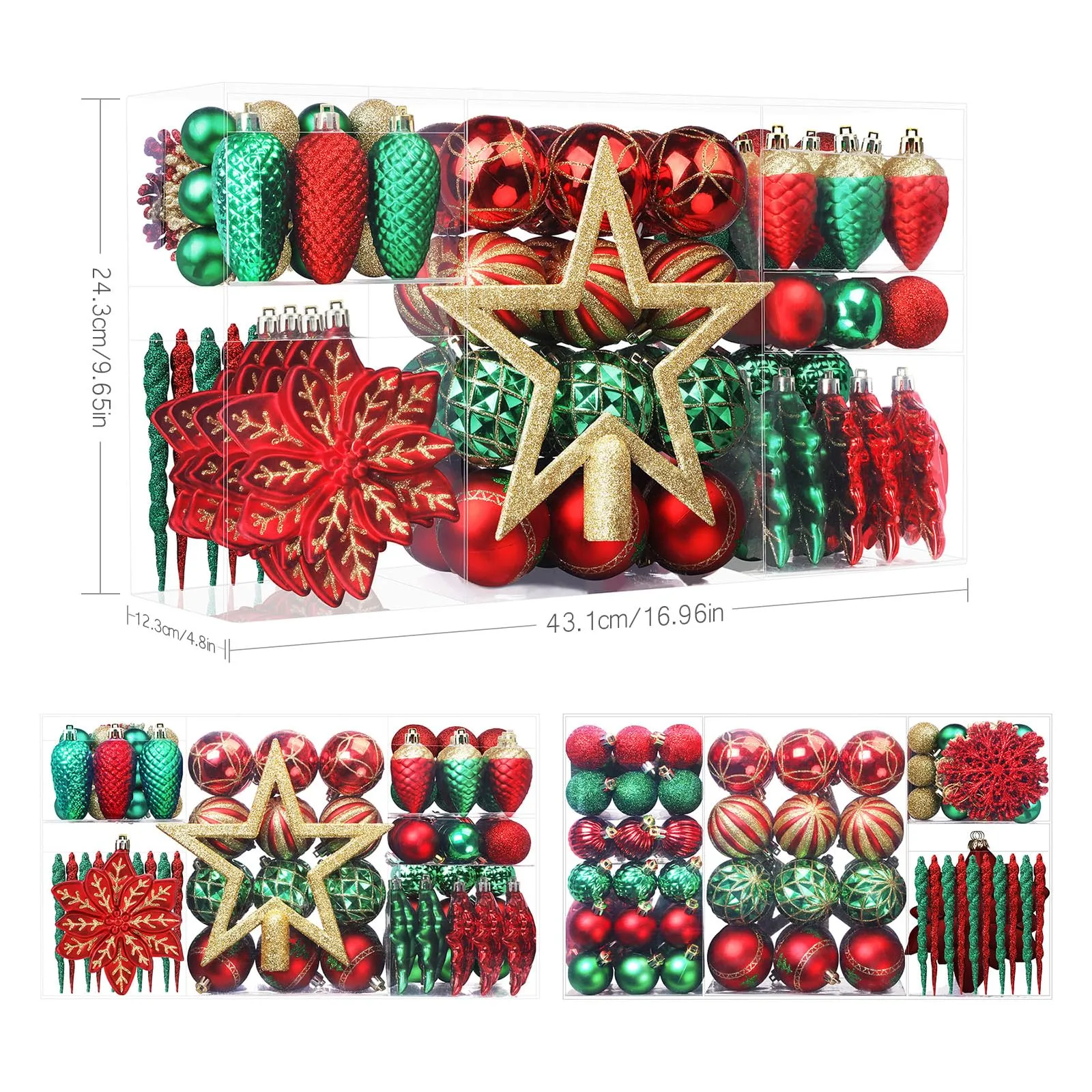 106PCS Red Green Gold Christmas Balls Ornaments Set, with Hanging Hooks