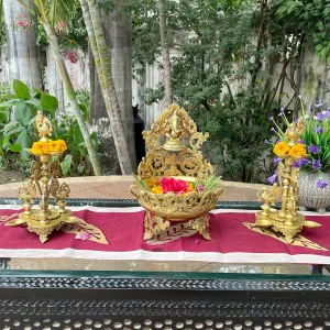 12.5 Inches Decorative Brass Urli With Lord Ganesha & Standing Peacock Diya ( Set of 3)