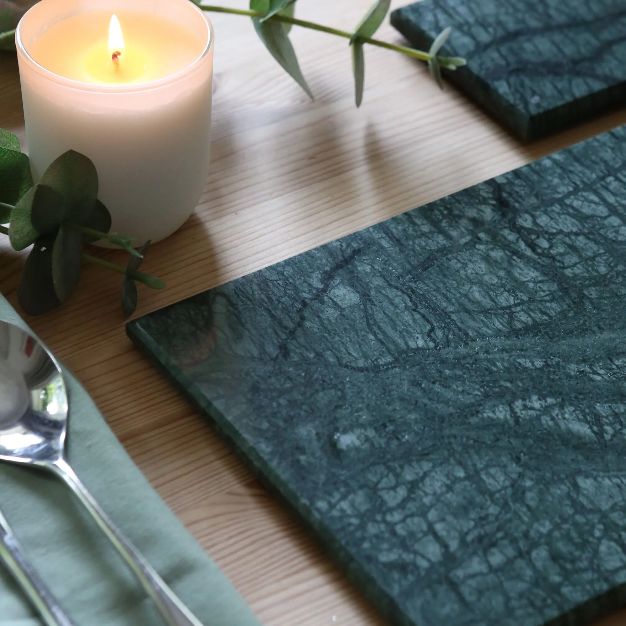 12pc Rectangle Marble Placemats & Round Coasters Set - 30cm x 20cm - Green - By Argon Tableware