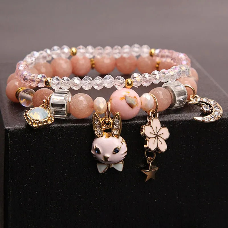 2021 new Korean handmade DIY ladies bracelet for women rabbit star and moon pendant rabbit hand flower pendant bracelet female