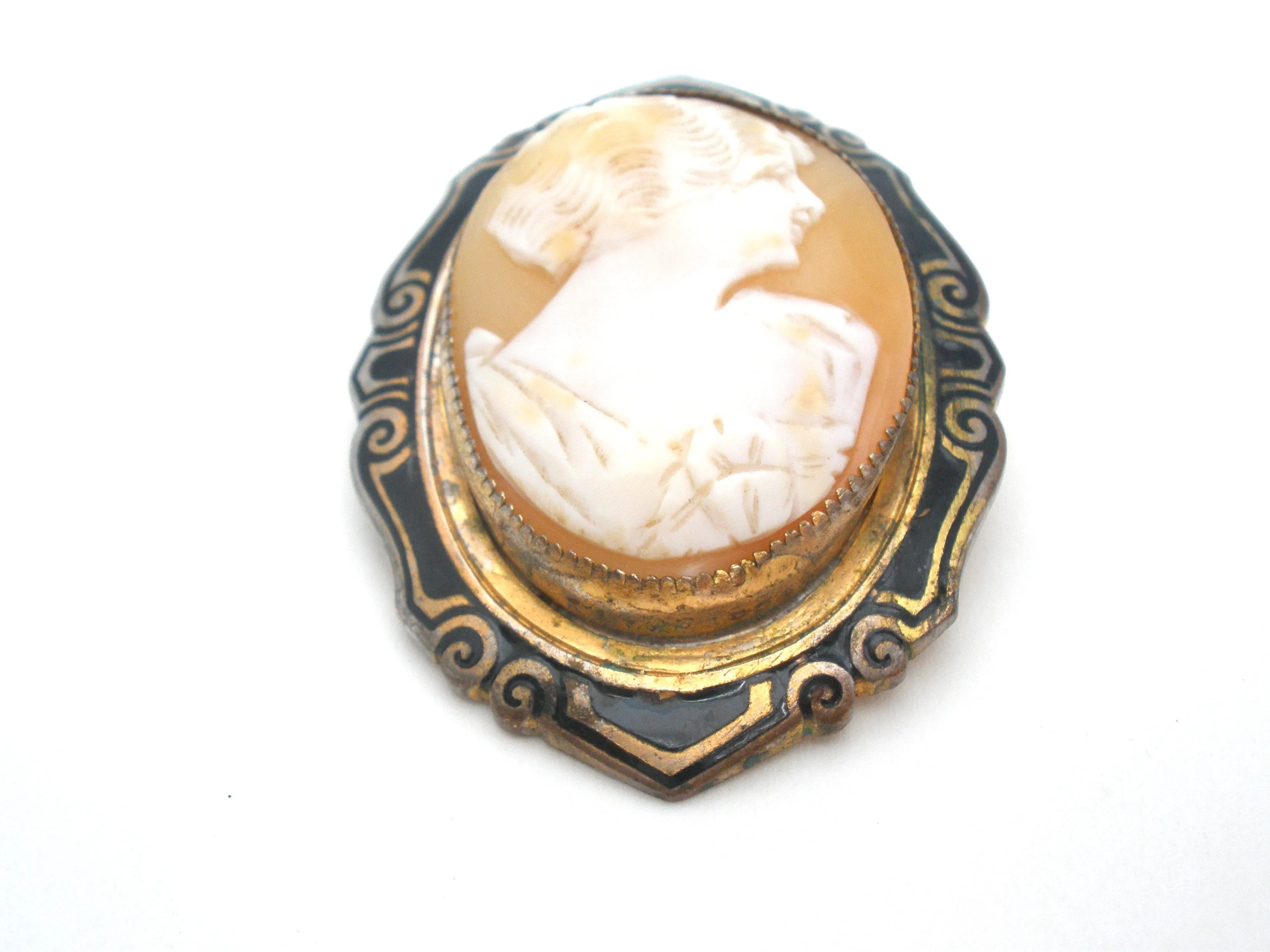 Antique Shell Cameo & Enamel Brooch Pin