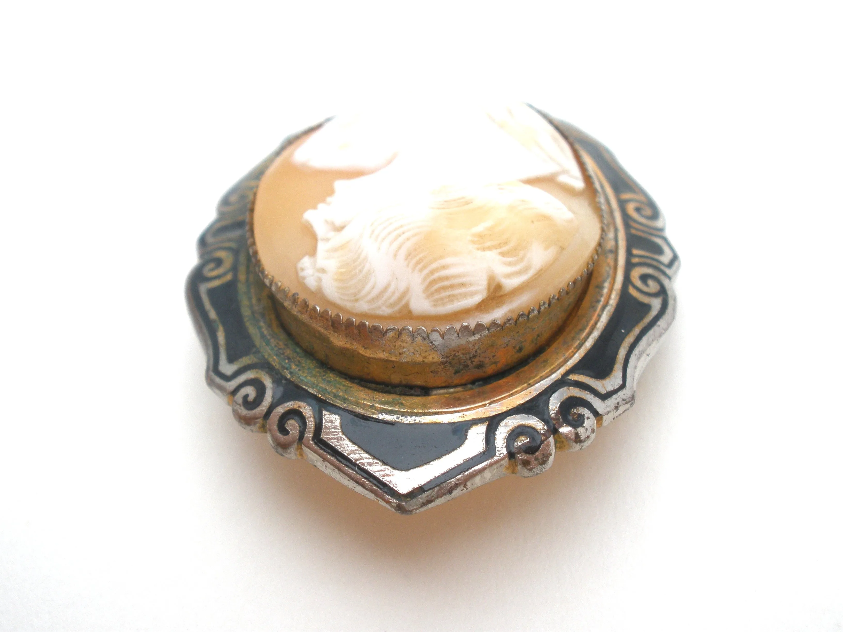 Antique Shell Cameo & Enamel Brooch Pin