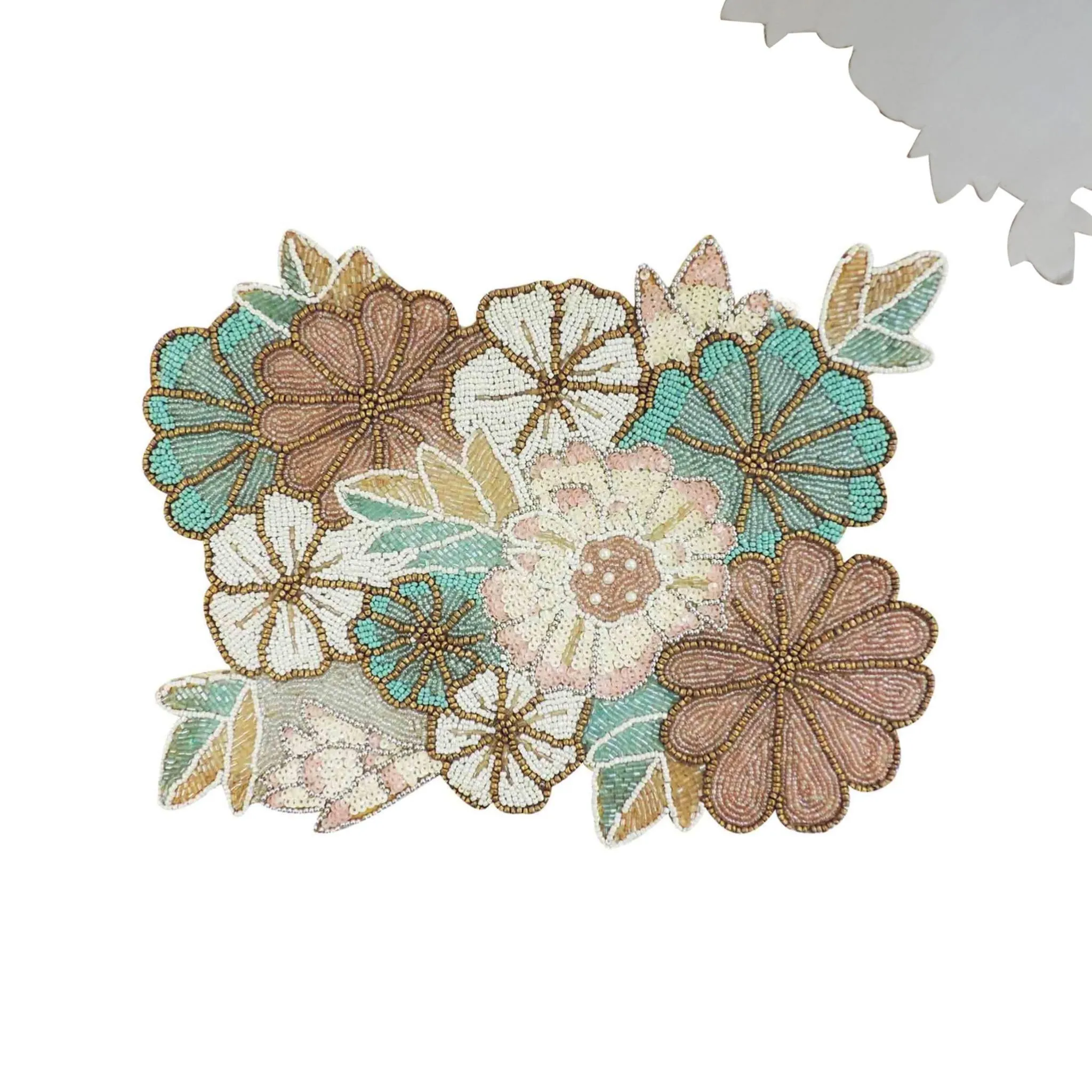 Autumn Blooms Beaded Placemat in Teal & Grey, Set of 2