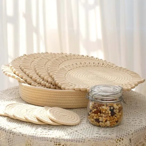 Beige Bloom  Placemats, Coaster and Basket Set | Handwoven Elegance