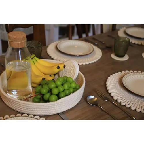 Beige Bloom  Placemats, Coaster and Basket Set | Handwoven Elegance