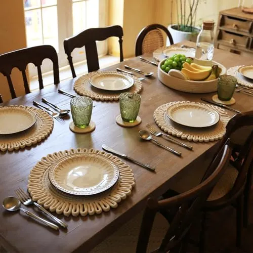 Beige Bloom  Placemats, Coaster and Basket Set | Handwoven Elegance