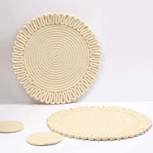 Beige Bloom  Placemats, Coaster and Basket Set | Handwoven Elegance