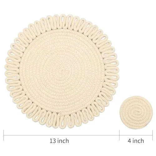 Beige Bloom  Placemats, Coaster and Basket Set | Handwoven Elegance