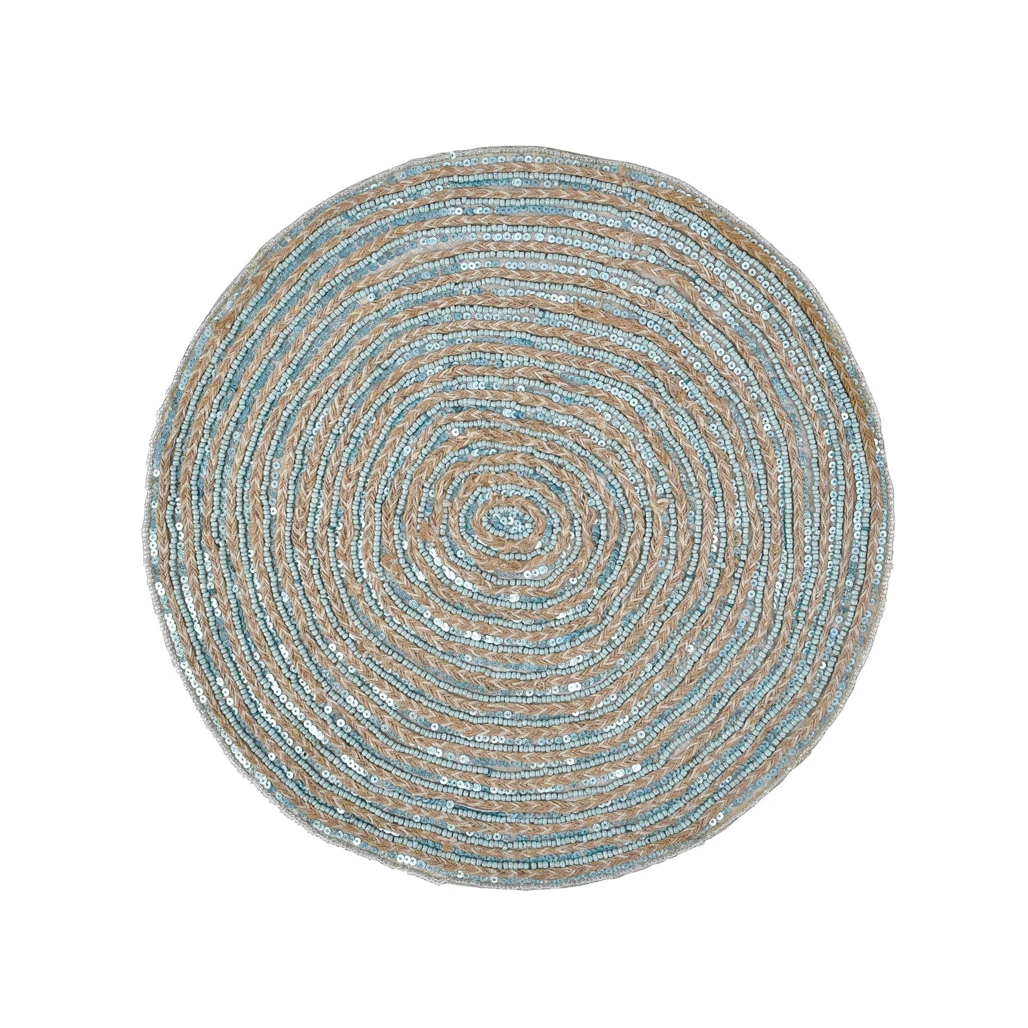 Braided Natural Jute Beaded Placemat in Teal, Set of 2