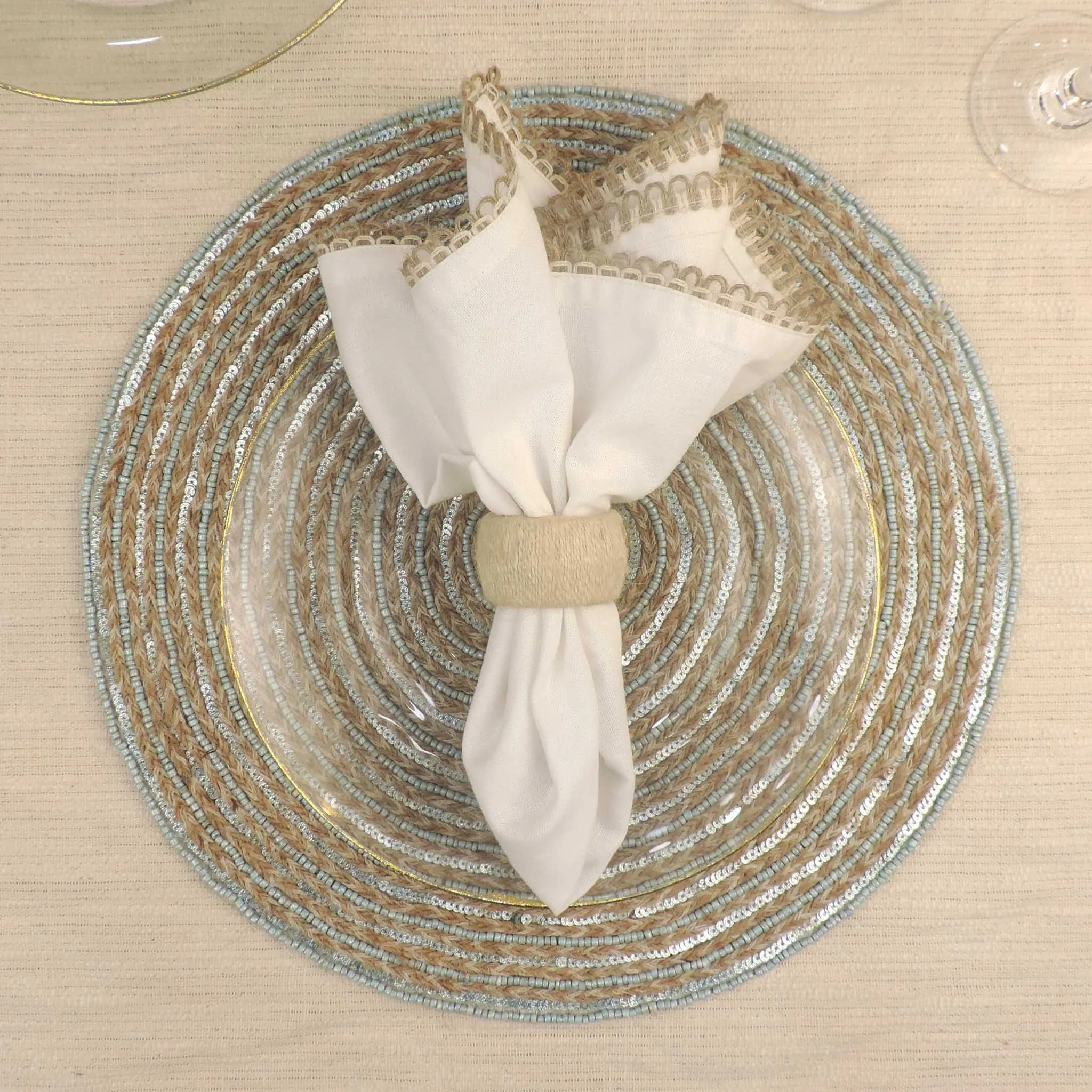 Braided Natural Jute Beaded Placemat in Teal, Set of 2