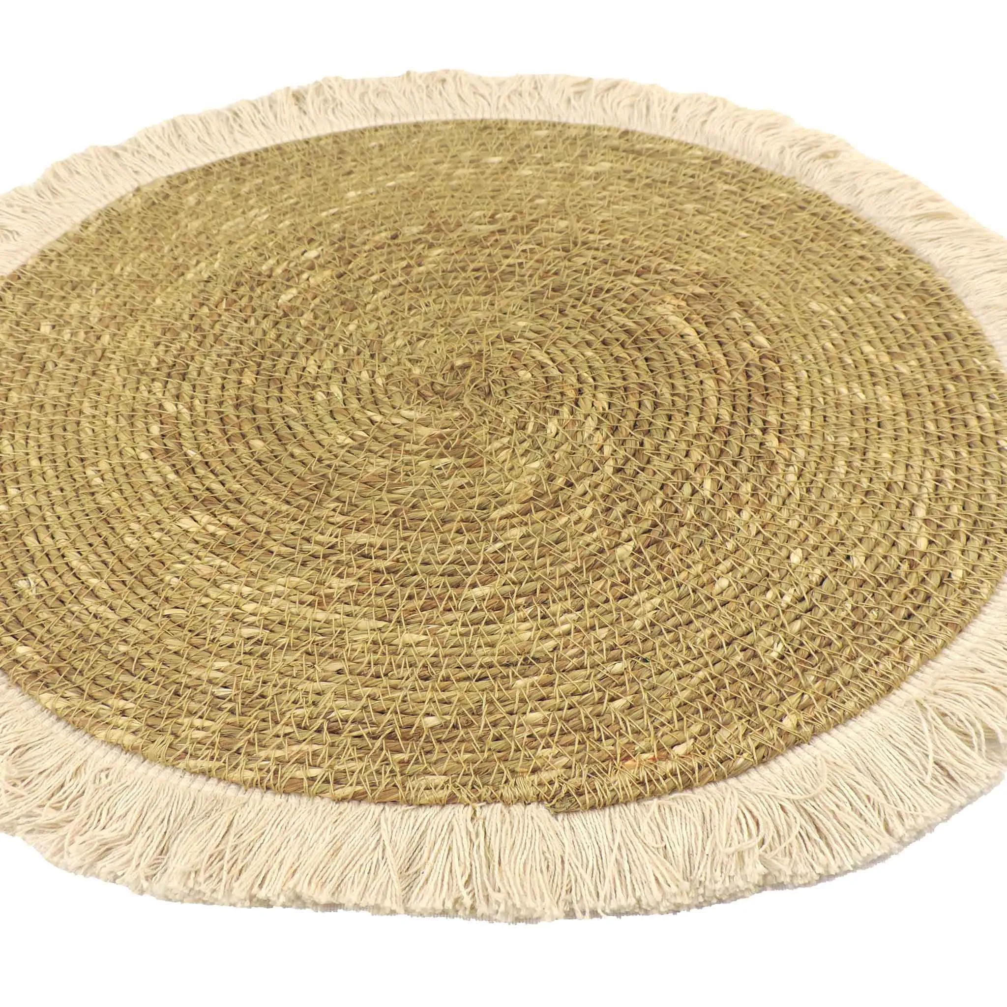 Braided Natural Jute Placemat with White Fringe, Set of 2