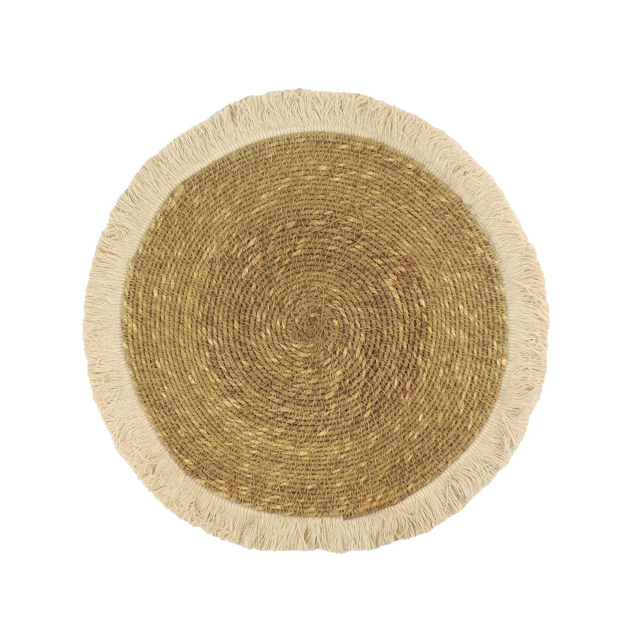 Braided Natural Jute Placemat with White Fringe, Set of 2