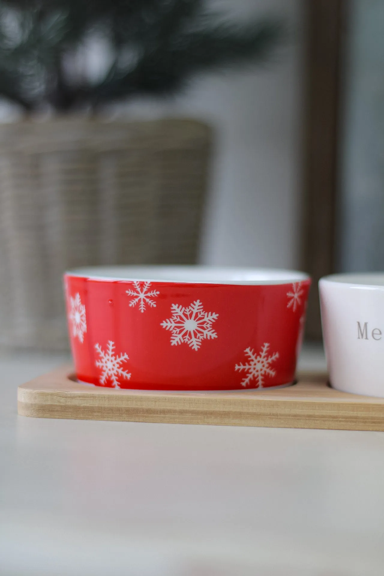 Ceramic Christmas Snack Dishes on Wooden Board