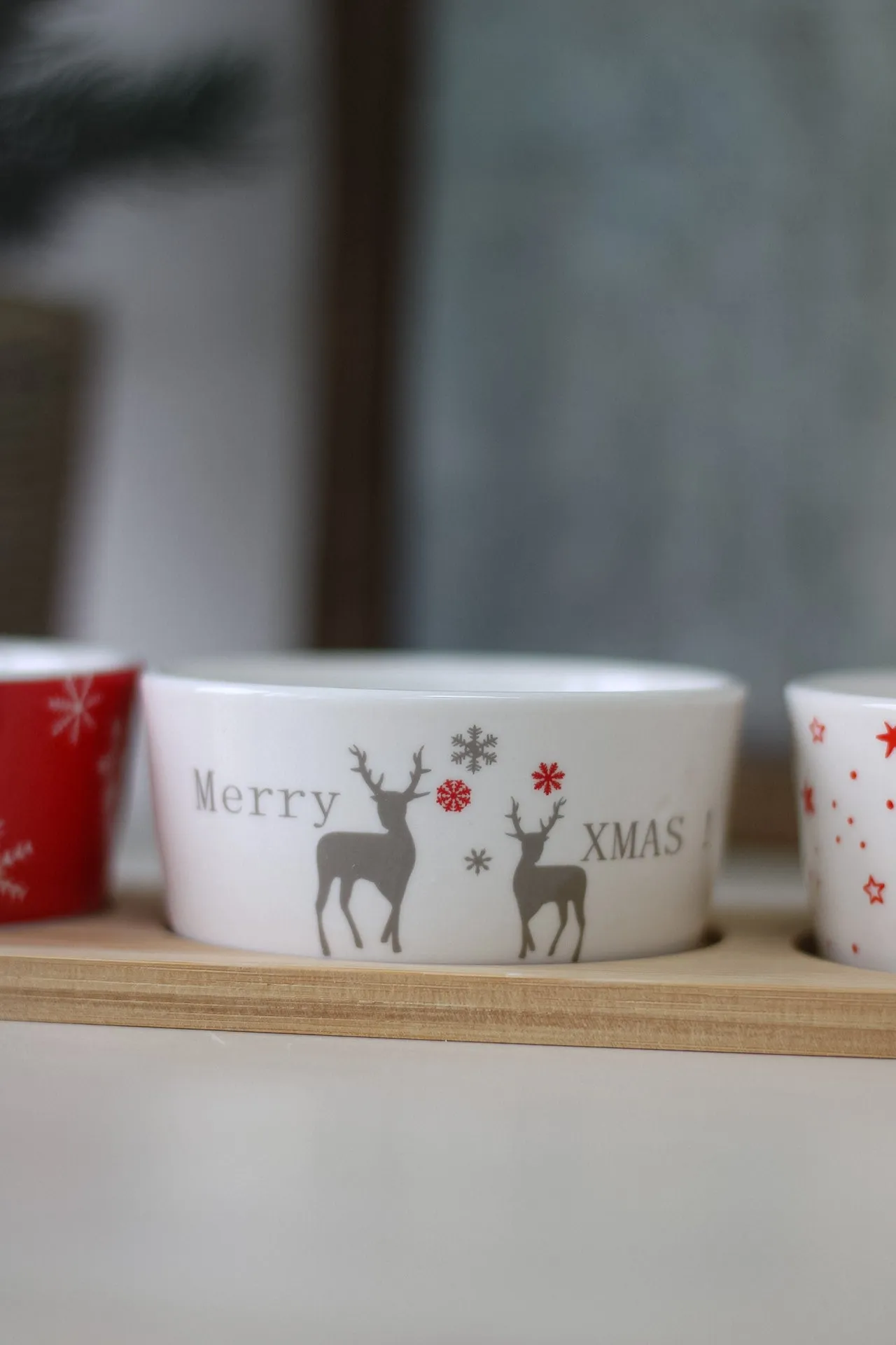 Ceramic Christmas Snack Dishes on Wooden Board