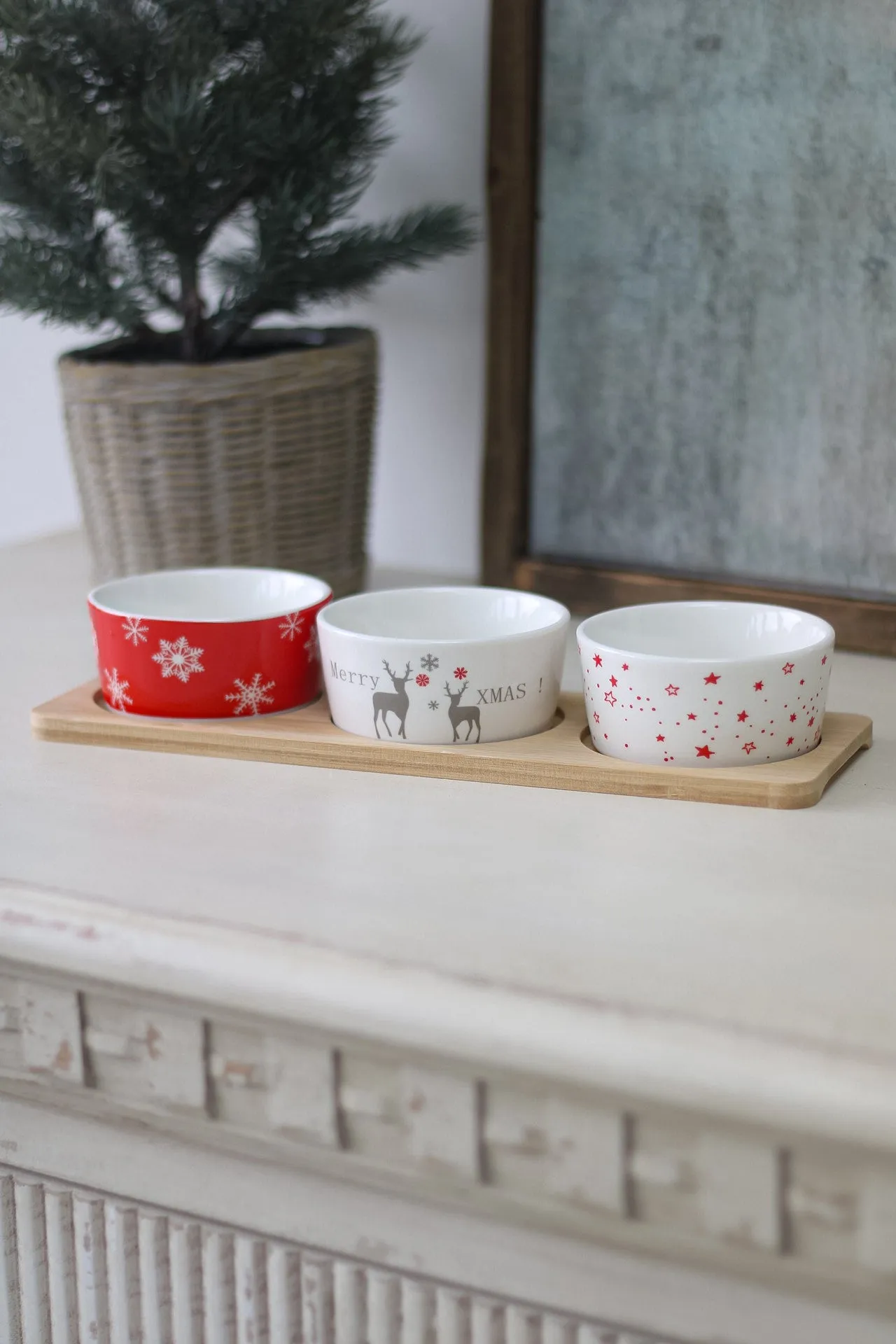 Ceramic Christmas Snack Dishes on Wooden Board