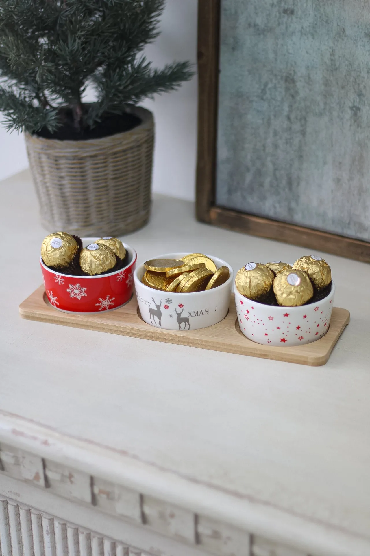 Ceramic Christmas Snack Dishes on Wooden Board