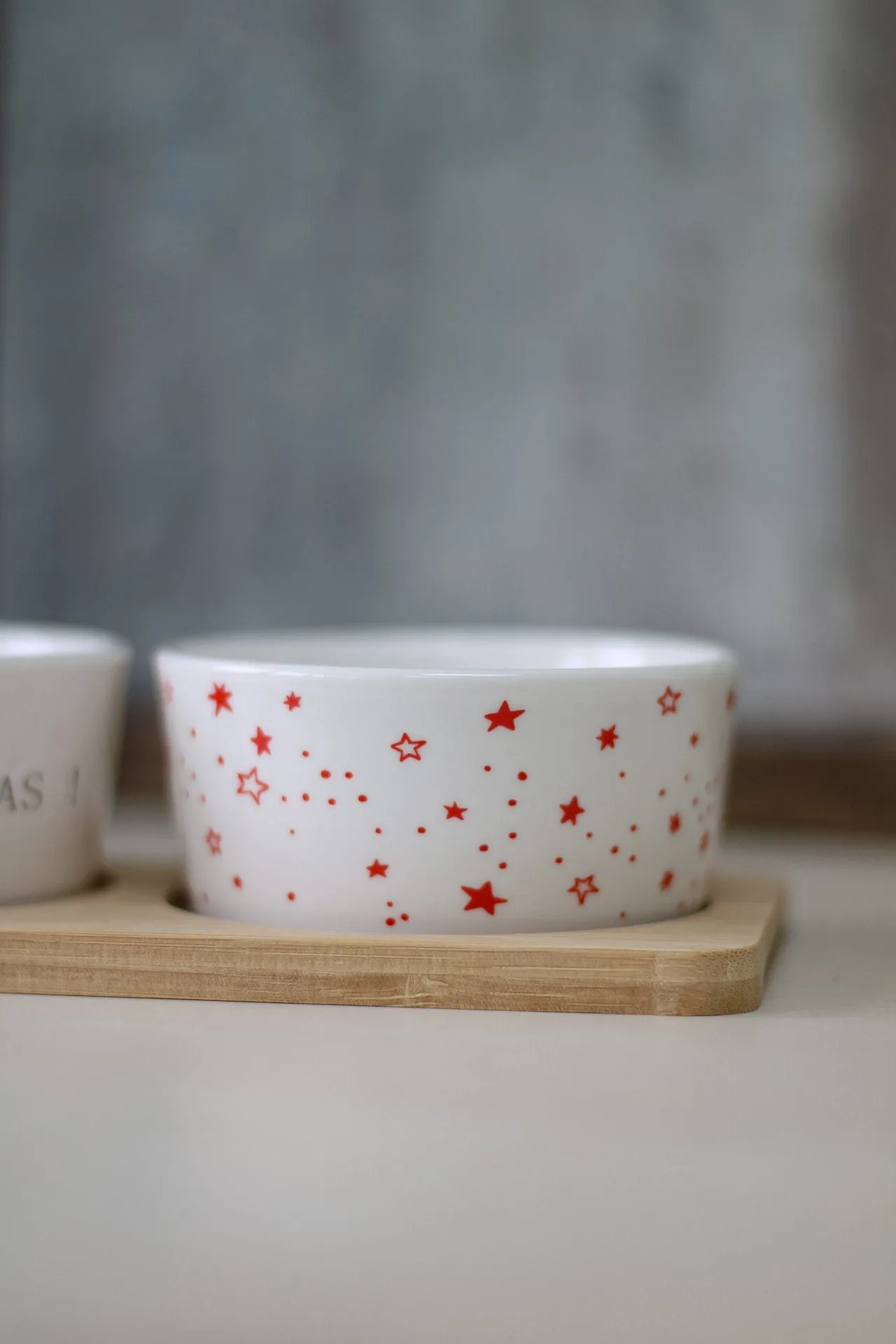 Ceramic Christmas Snack Dishes on Wooden Board