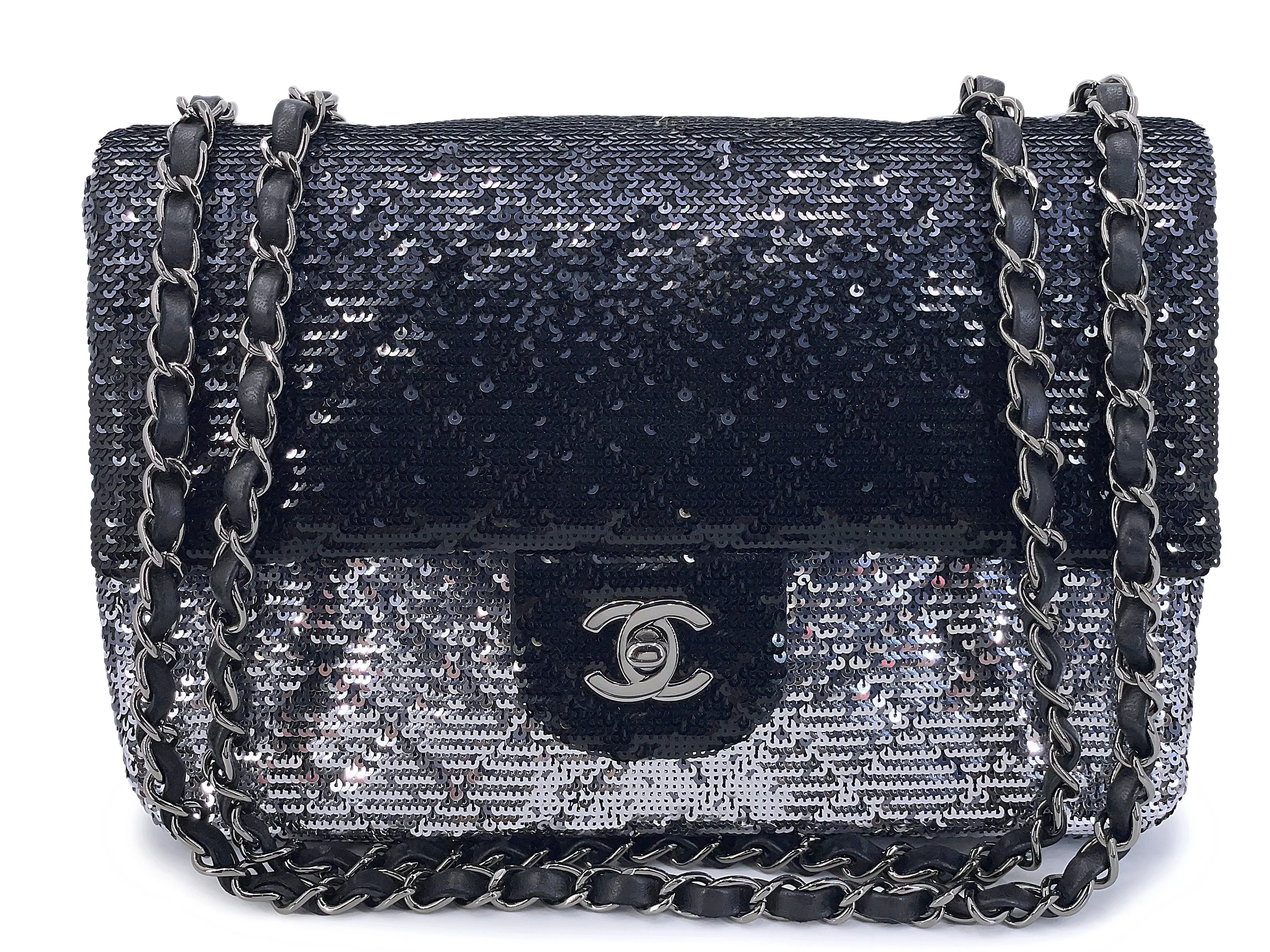 Chanel 2015 Black Silver Quilted Sequin Medium Classic Flap Bag 04R