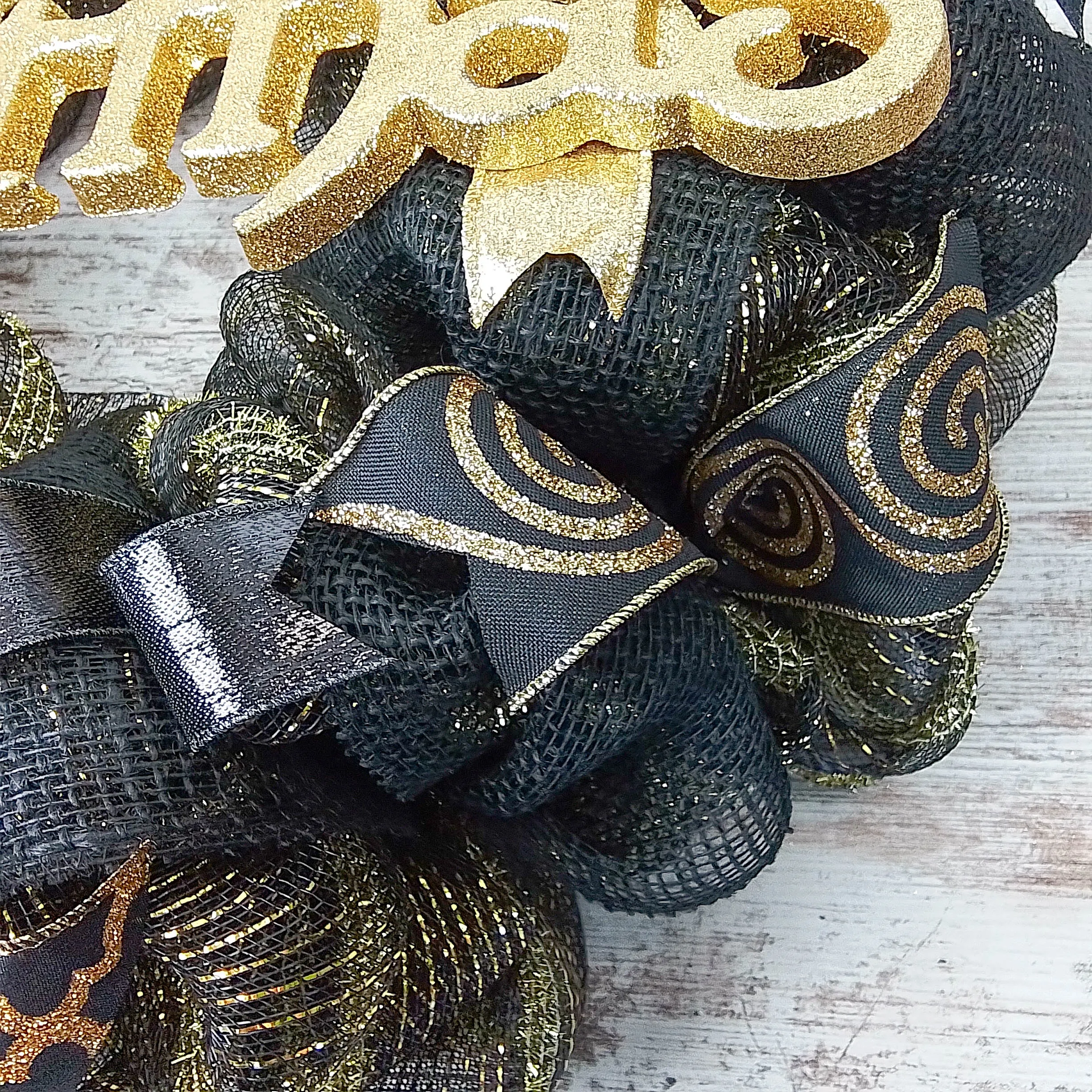 Christmas Black and Gold Front Door Wreath - New Years Eve Decor - Metallic Golden Decorations