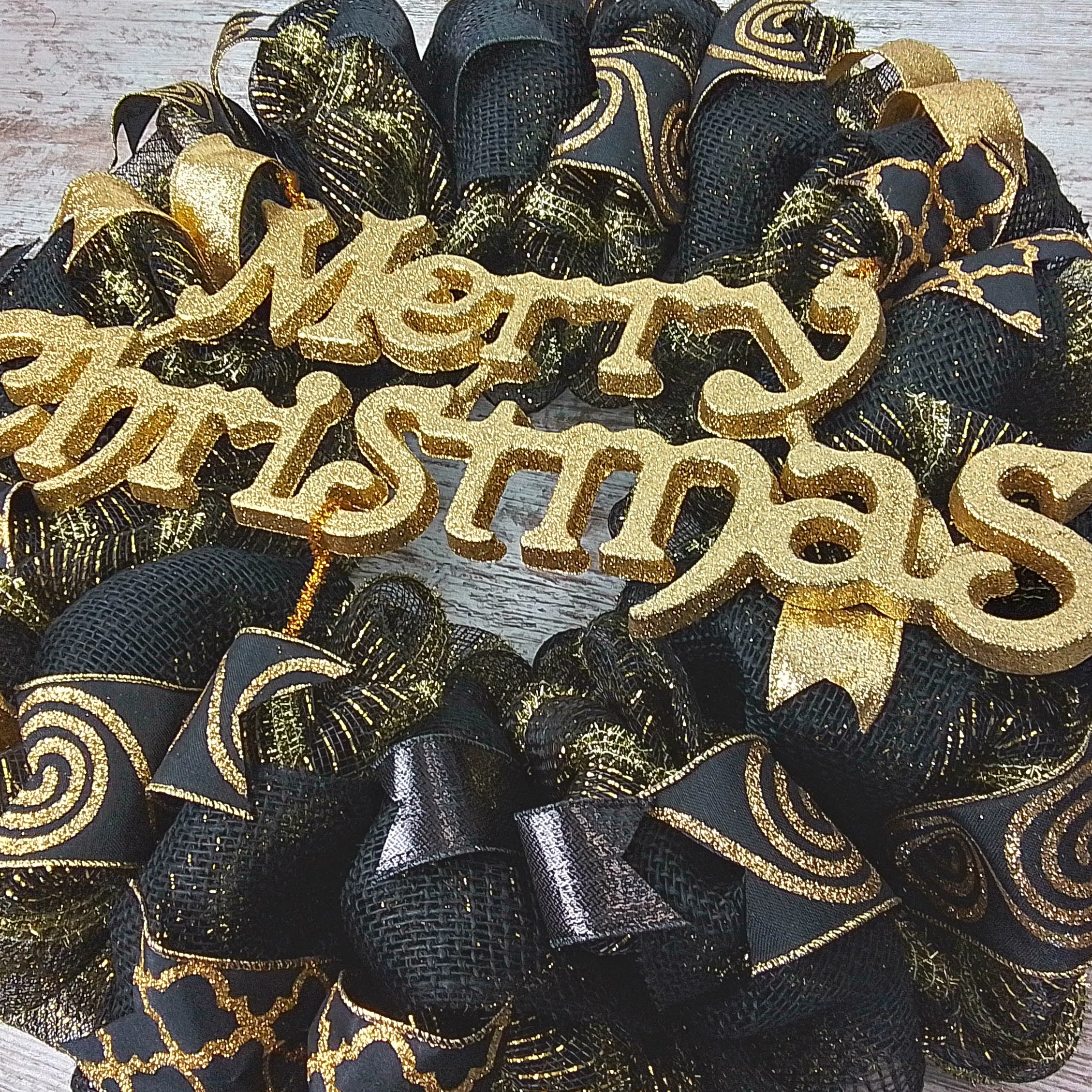 Christmas Black and Gold Front Door Wreath - New Years Eve Decor - Metallic Golden Decorations