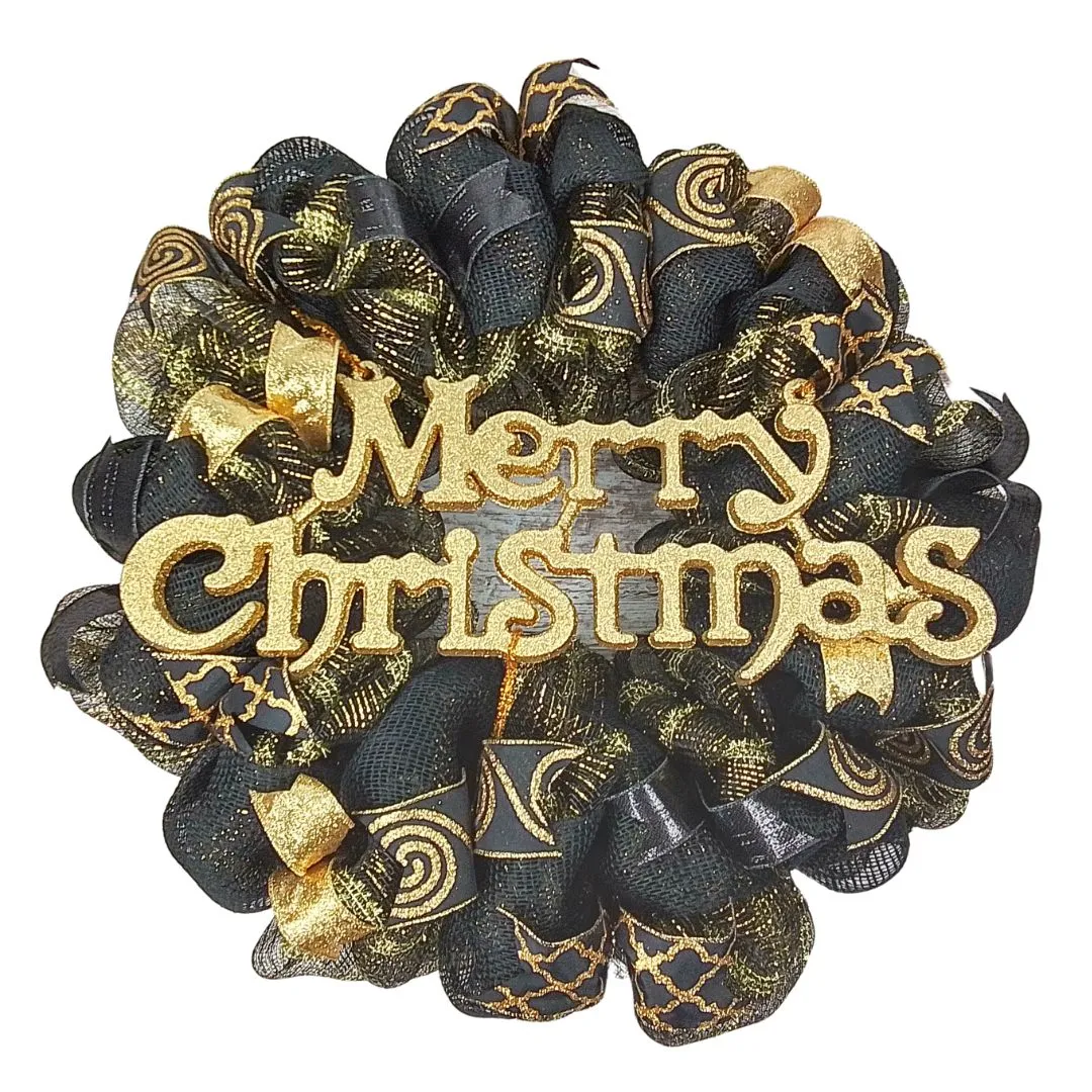 Christmas Black and Gold Front Door Wreath - New Years Eve Decor - Metallic Golden Decorations