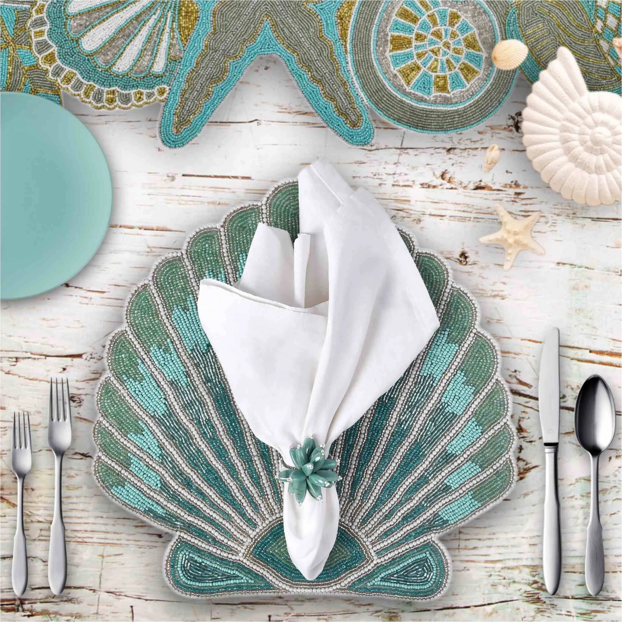 Clam-Up Bead Embroidered Placemat in Teal, Set of 2