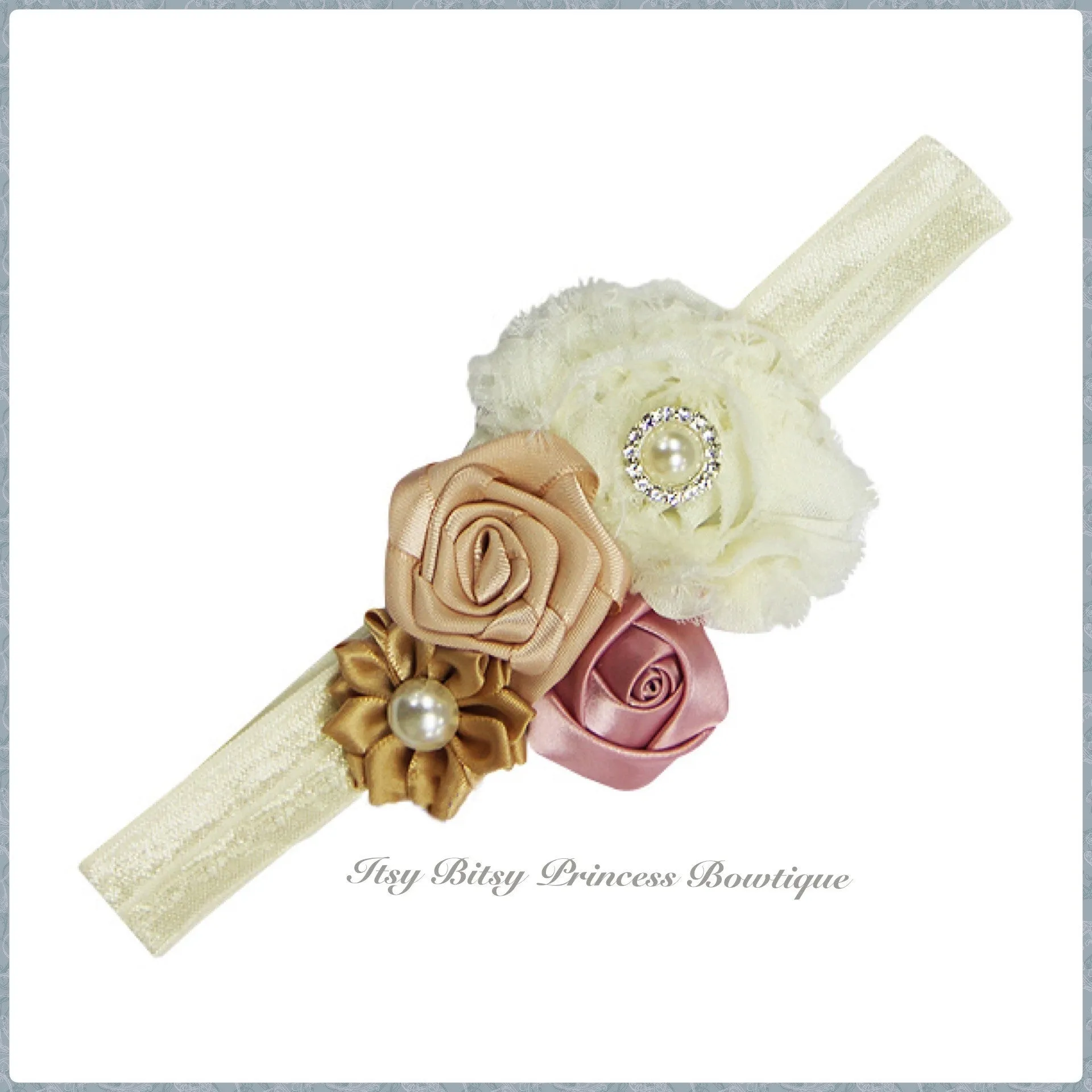 Cream, Beige and Tea Rose Rosettes Headbands