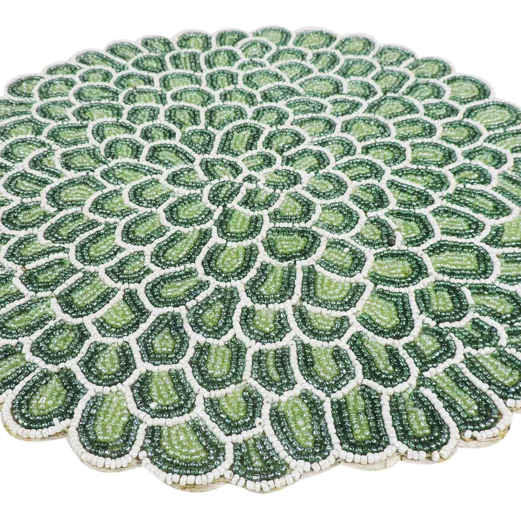 Dahlia Bead Embroidered Placemat in Green & White, Set of 2