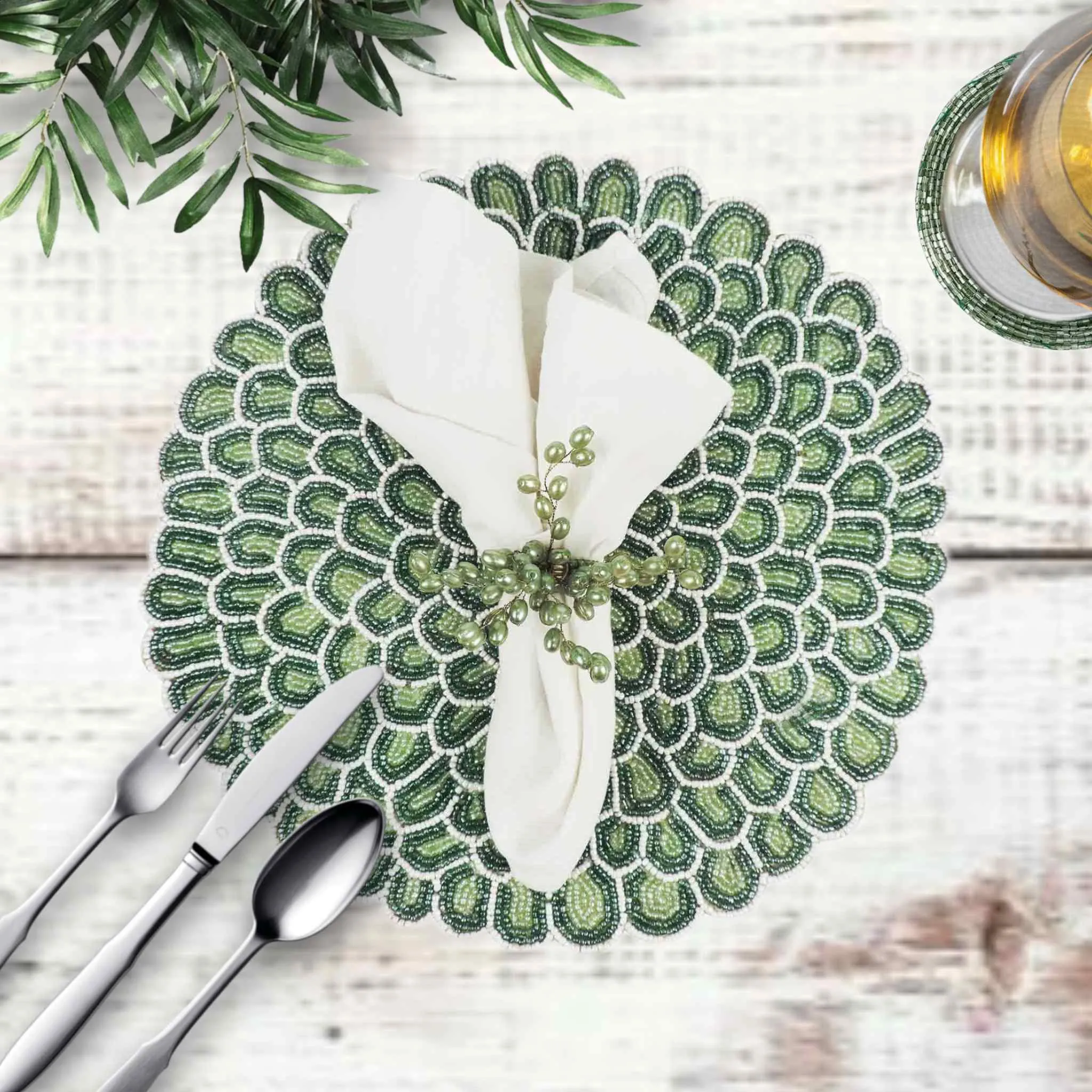 Dahlia Bead Embroidered Placemat in Green & White, Set of 2