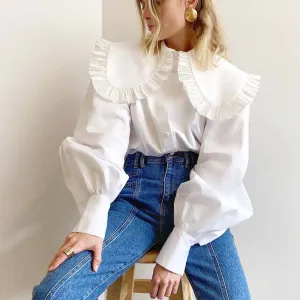 deanwangkt Blouses Women Peter Pan Collar Ruffle Shirts Long Sleeve White Cotton Casual Simple Tops Female Spring Summer Frill Shirt