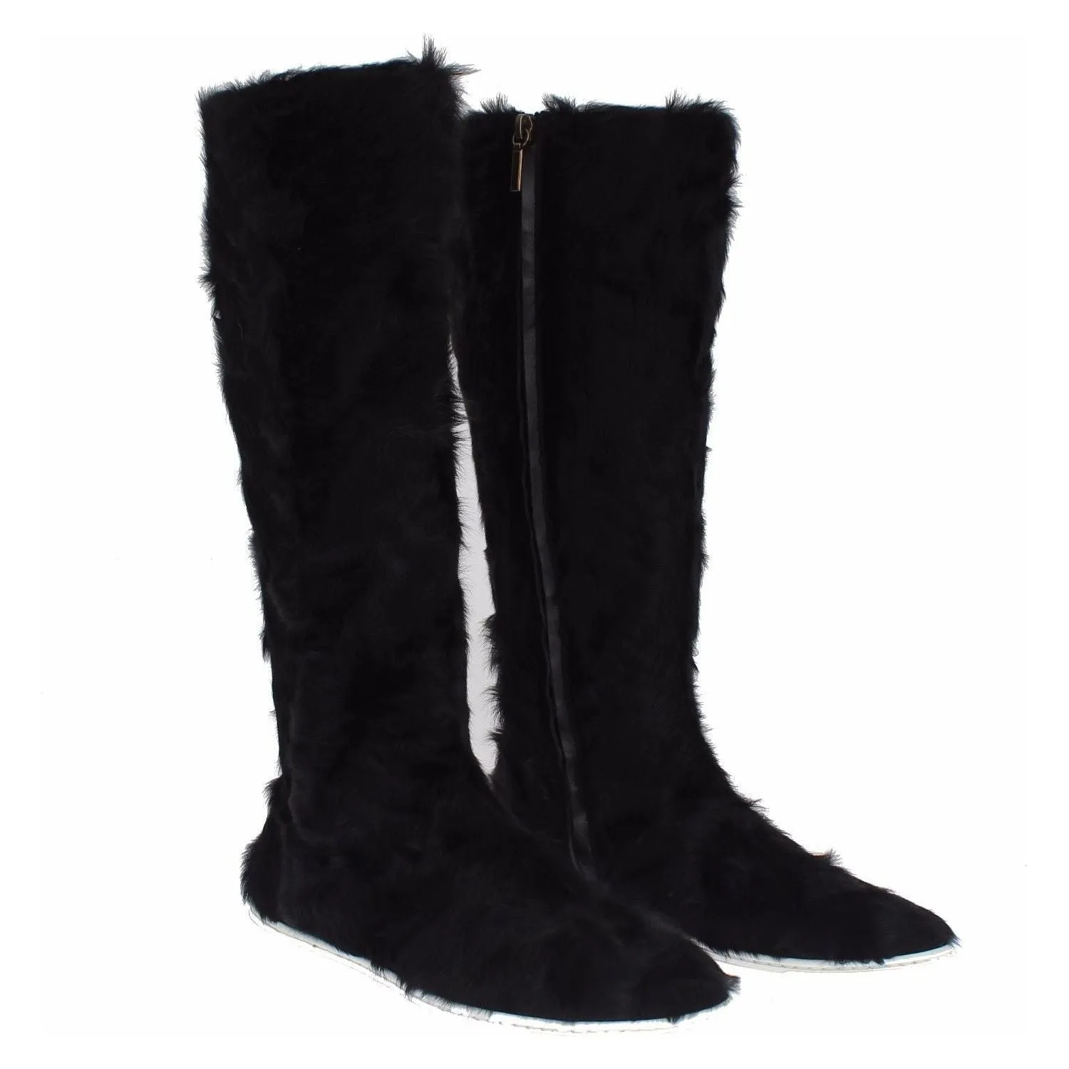 Dolce & Gabbana Elegant Black Fur Leather Flat Sneaker Boots