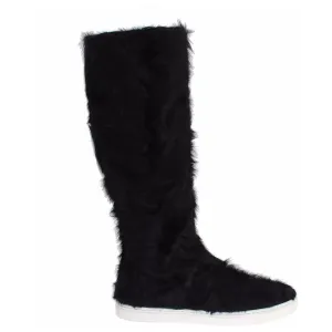 Dolce & Gabbana Elegant Black Fur Leather Flat Sneaker Boots