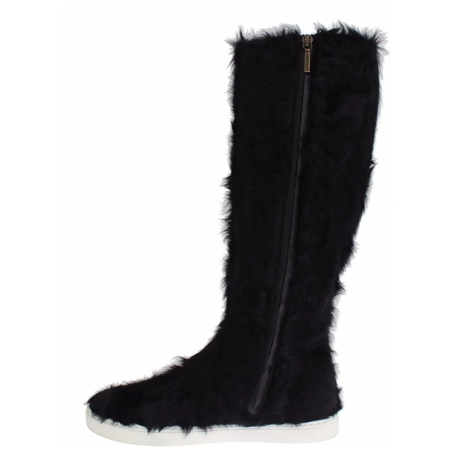 Dolce & Gabbana Elegant Black Fur Leather Flat Sneaker Boots