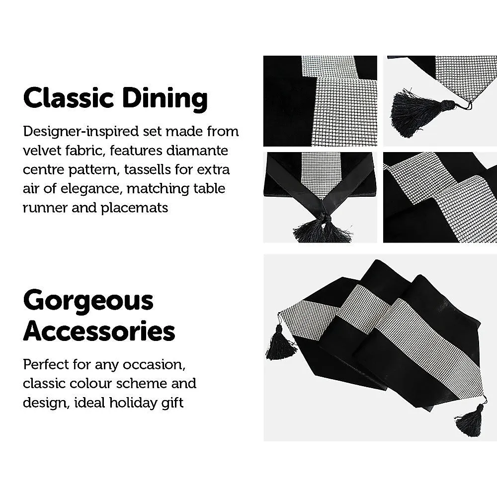 Elegant Black Velvet Table Runner & Placemats, Set of 5