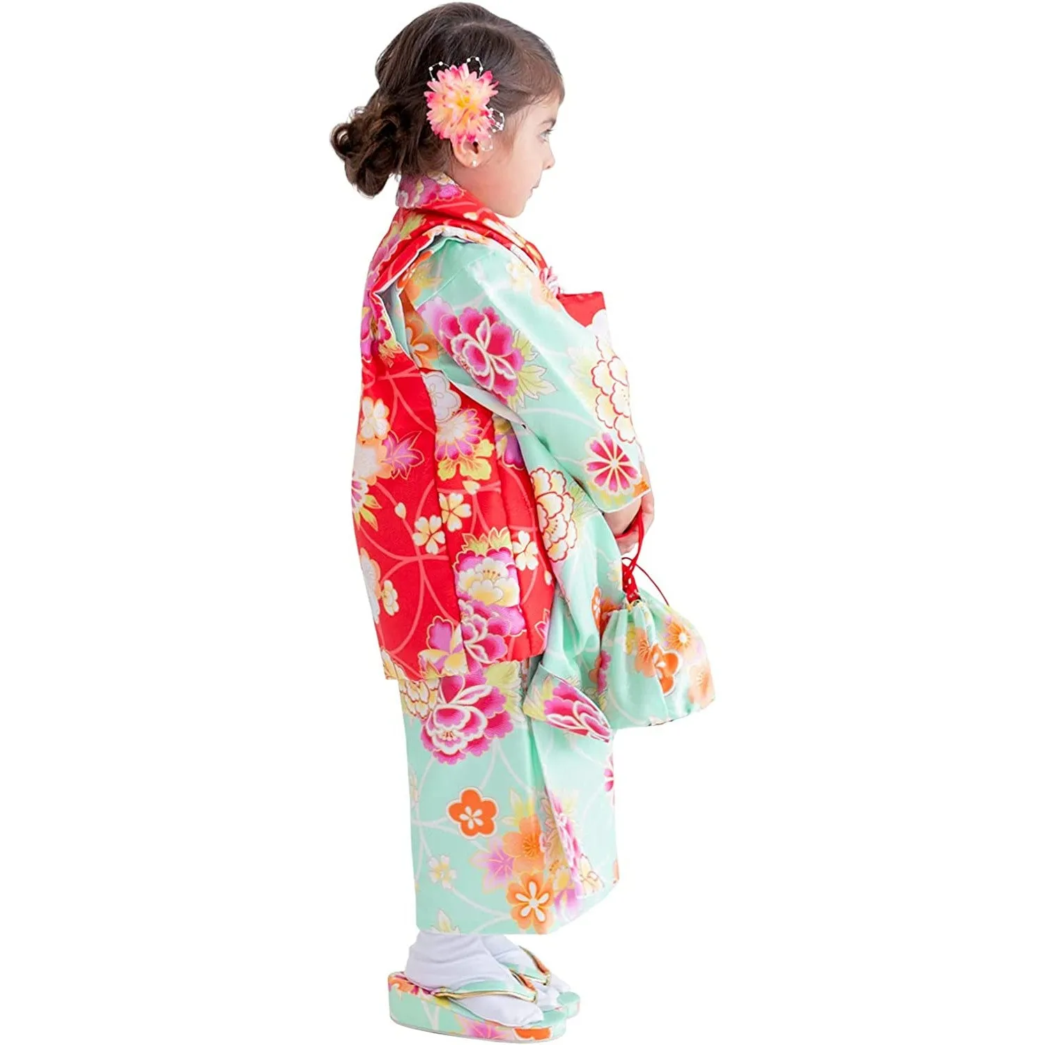 Full Kimono Set for 3 Years Old Mint Green & Red Shichigosan/New Years Ceremony