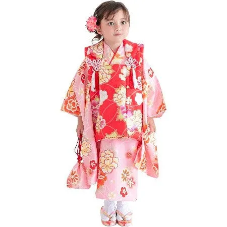 Full Kimono Set for 3 Years Old Pink & Red Shichigosan/New Years Ceremony