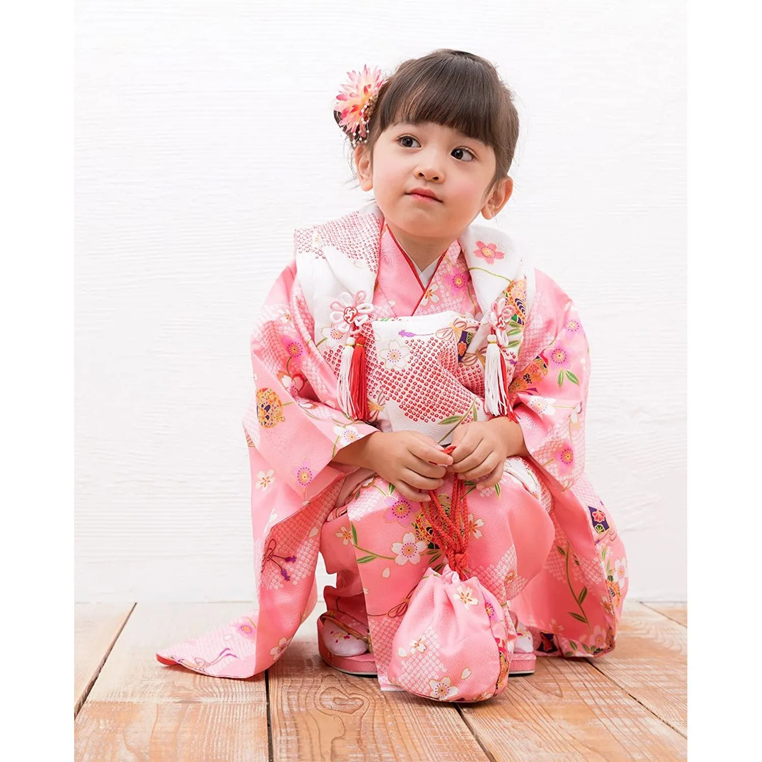 Full Kimono Set for 3 Years Old Pink Sakura Shichigosan/New Years Ceremony