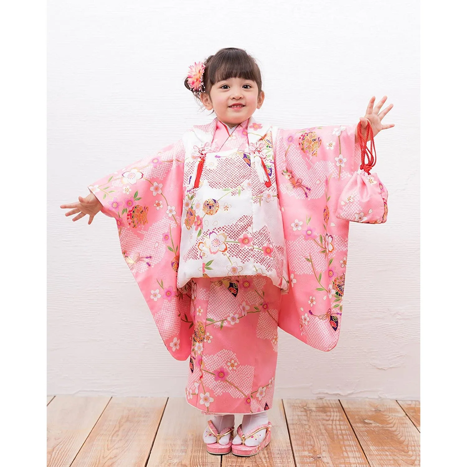 Full Kimono Set for 3 Years Old Pink Sakura Shichigosan/New Years Ceremony