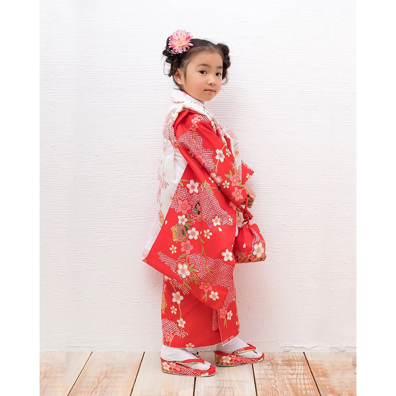 Full Kimono Set for 3 Years Old  Red & White Sakura Shichigosan/New Years Ceremony