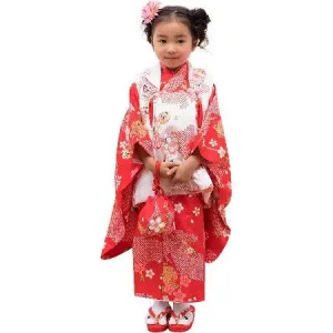 Full Kimono Set for 3 Years Old  Red & White Sakura Shichigosan/New Years Ceremony