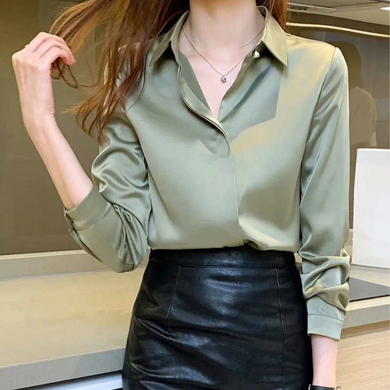 Graduation Gifts   Office Lady Silk Women Shirt Blouse Tops Button Shirts Female Long Sleeve Satin Blouses for Women Clothing Chemise Femme 17276