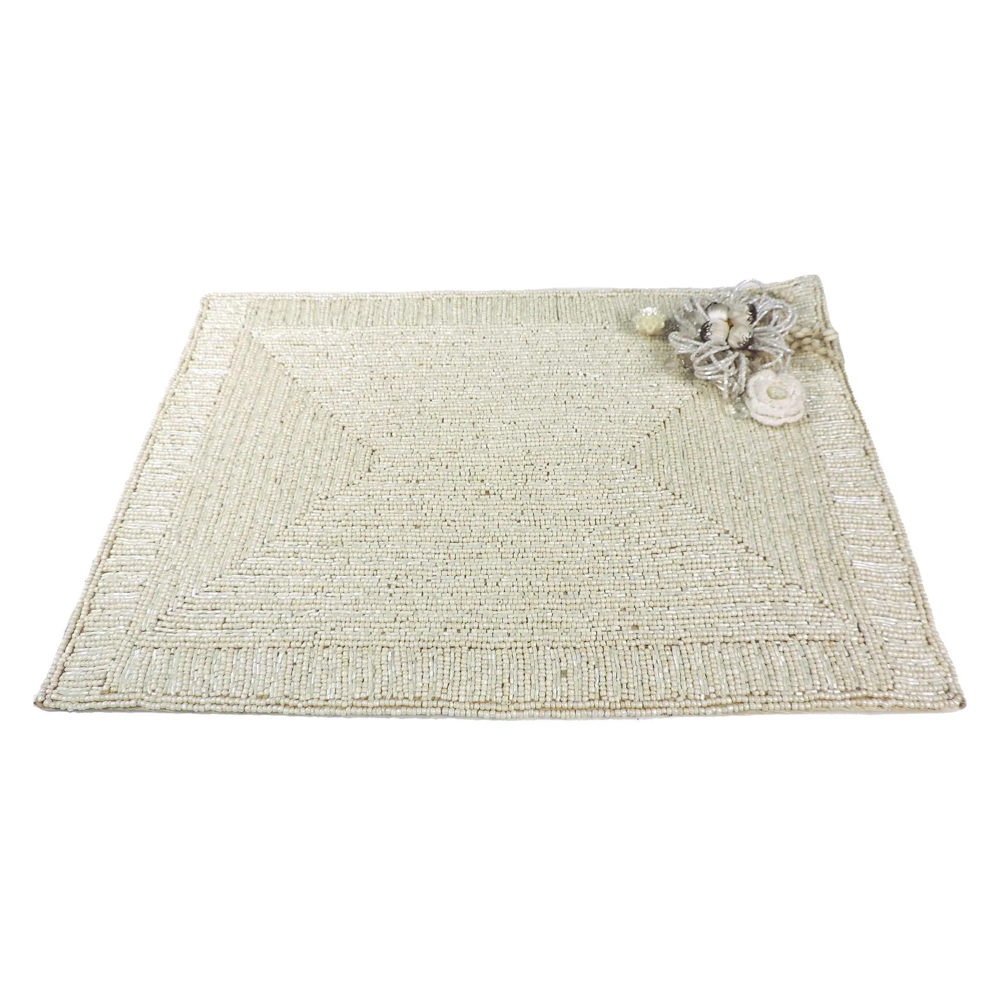 Handmade Bead Placemat with Flower in White, Set of 2