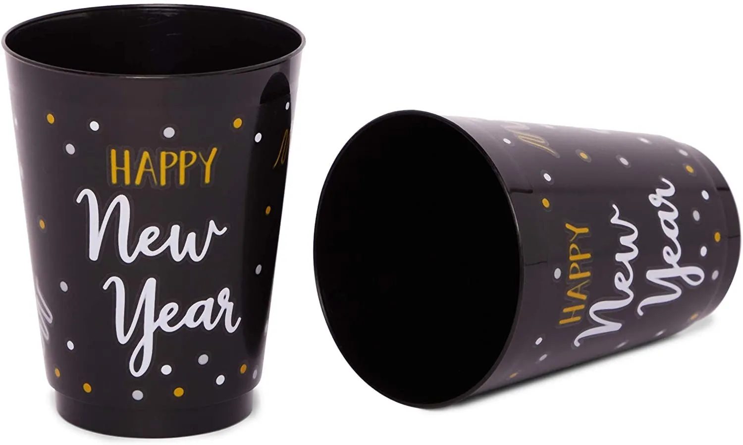 Happy New Year Party Cups, Reusable Plastic NYE Party Supplies (Black, 16 oz, 24 Pack)