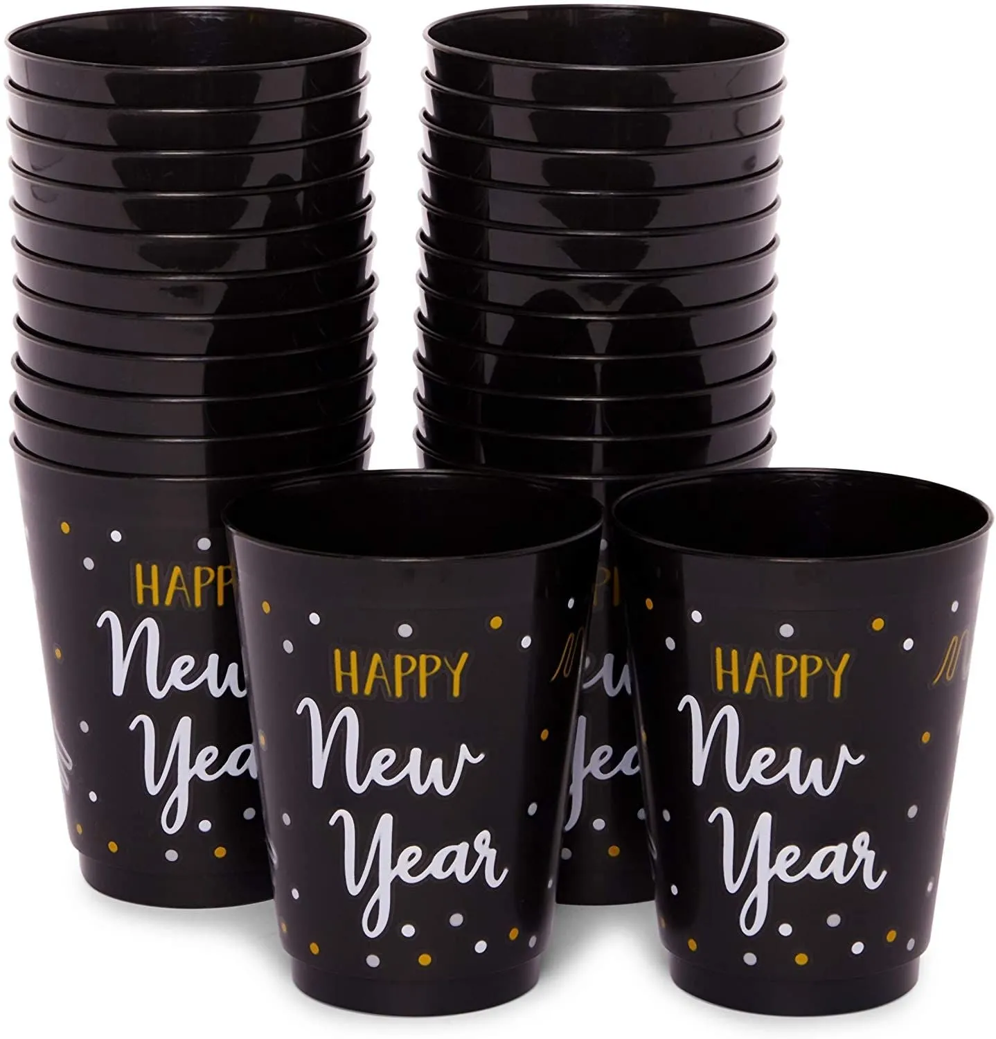 Happy New Year Party Cups, Reusable Plastic NYE Party Supplies (Black, 16 oz, 24 Pack)