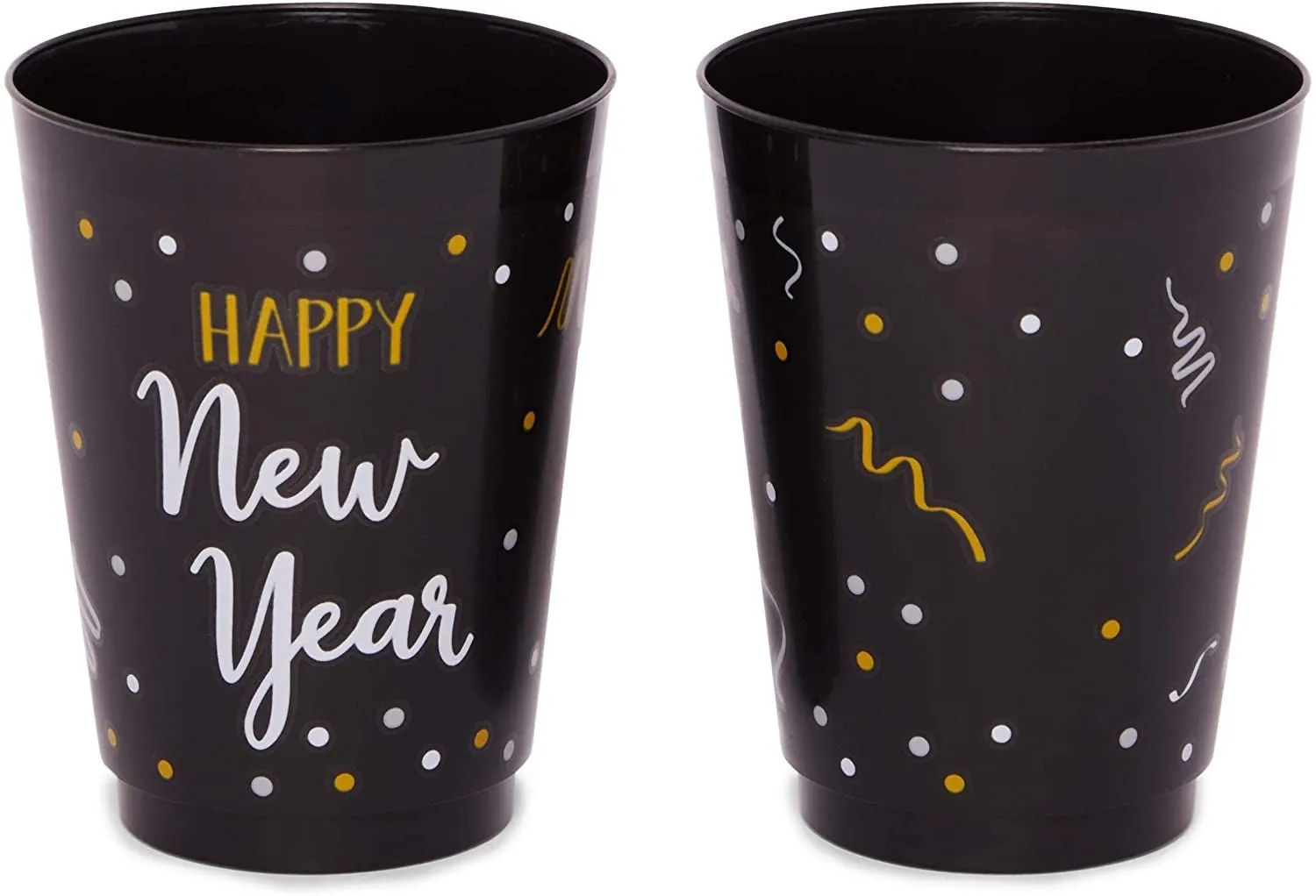 Happy New Year Party Cups, Reusable Plastic NYE Party Supplies (Black, 16 oz, 24 Pack)