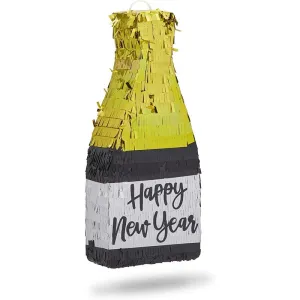 Happy New Year Small Champagne Bottle Piñata, NYE Party Decor (16.5 x 7 x 3.5 In)